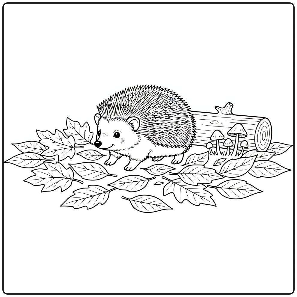 Cute animal coloring page showing a hedgehog in autumn leaves