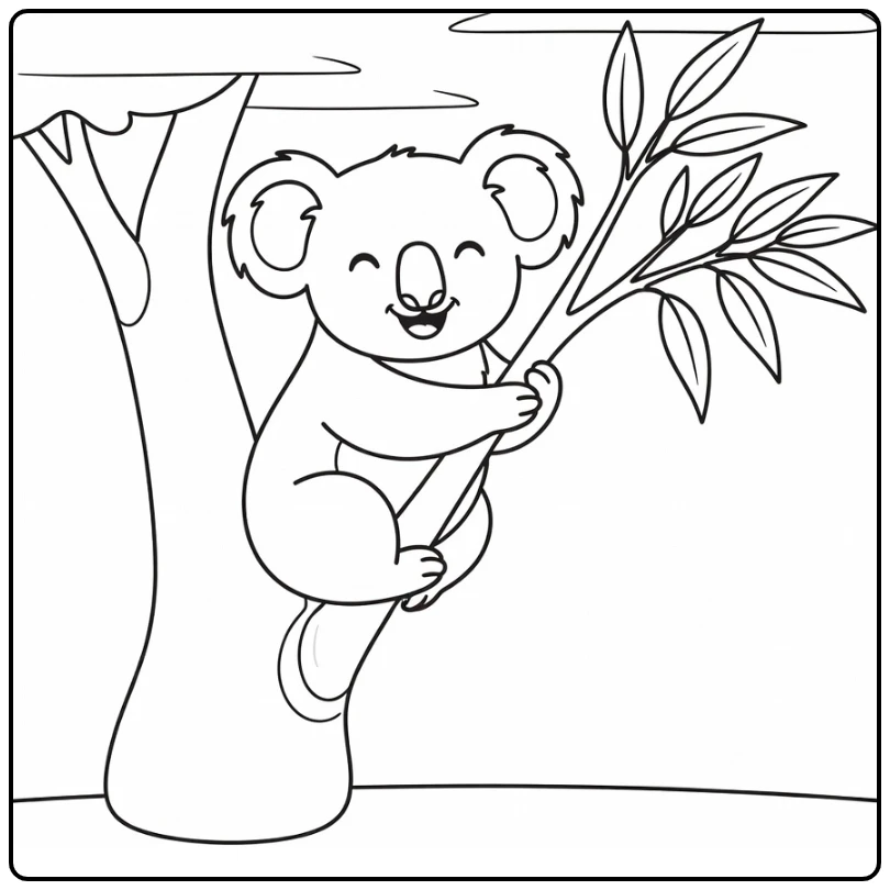 Cute animal coloring page featuring a smiling koala on a branch