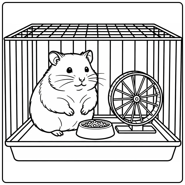 Cute animal coloring page showing a hamster in a cage