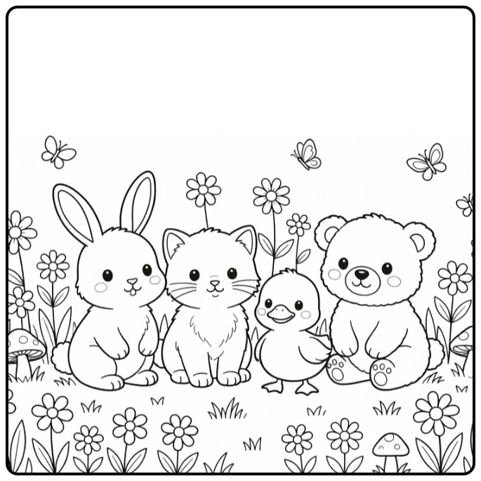 Cute animal coloring page with a rabbit, kitten, duckling, and puppy