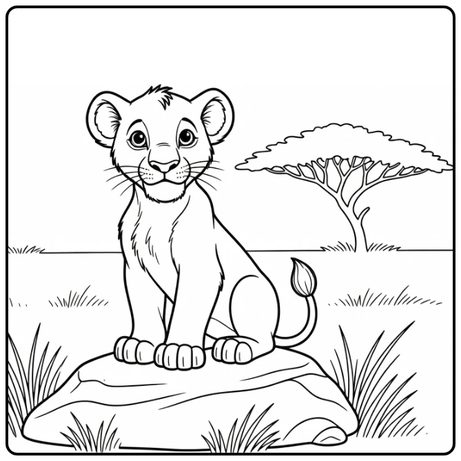 Cute animal coloring page featuring a lion cub on a rock