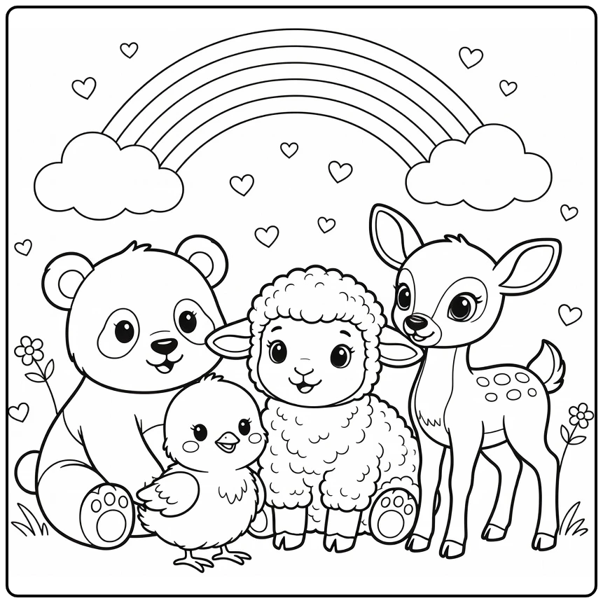 Cute animal coloring page featuring baby animals under a rainbow
