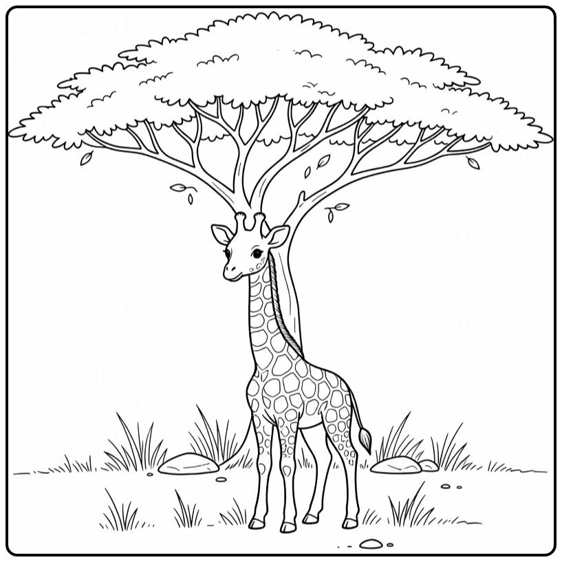 Cute animal coloring page showing a baby giraffe on the savanna