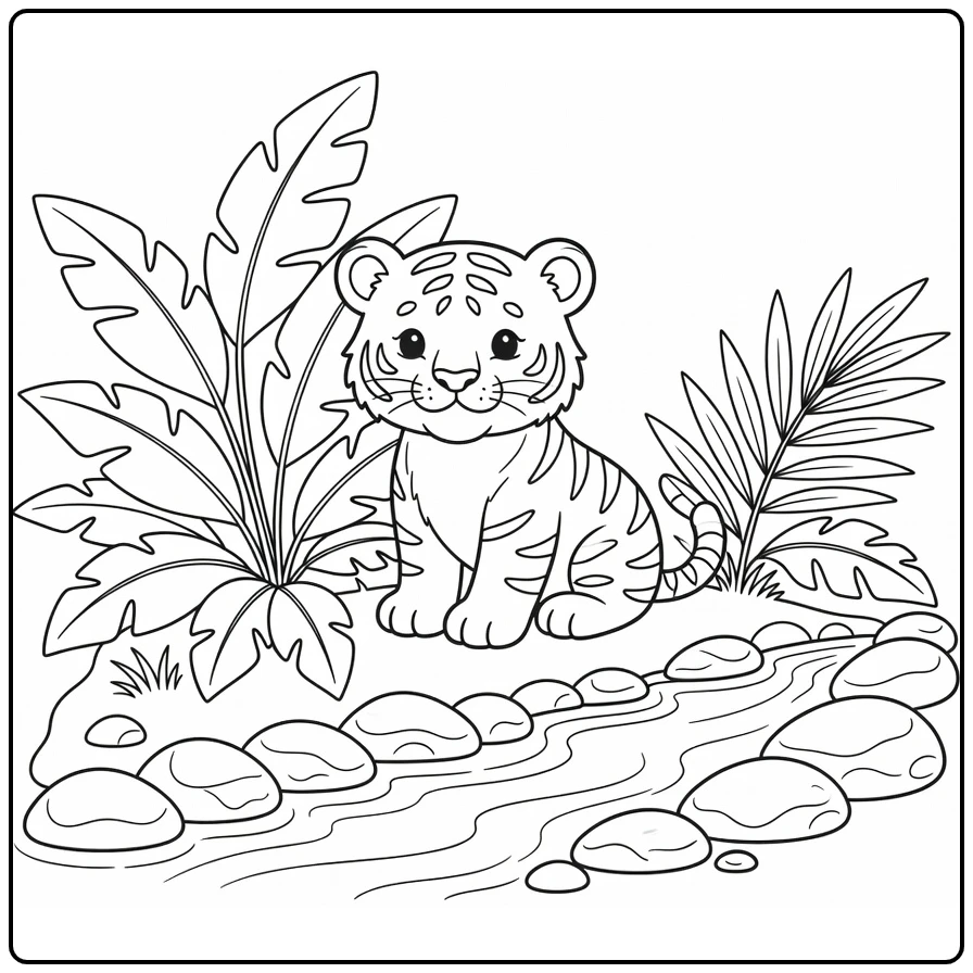 Cute animal coloring page showing a baby tiger by a stream
