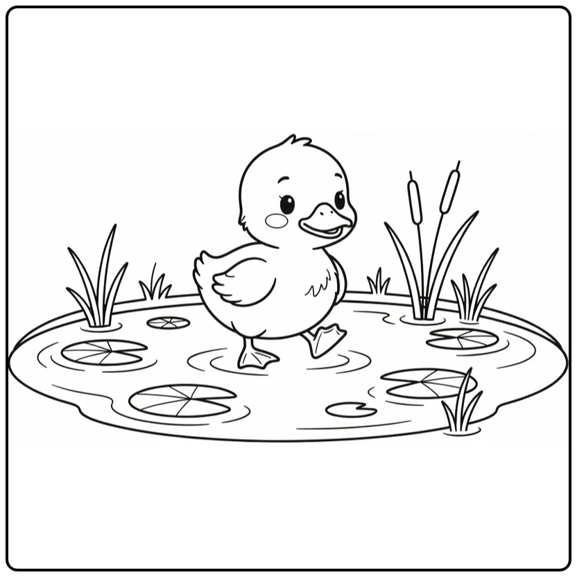 Cute animal coloring page featuring a duckling by the pond