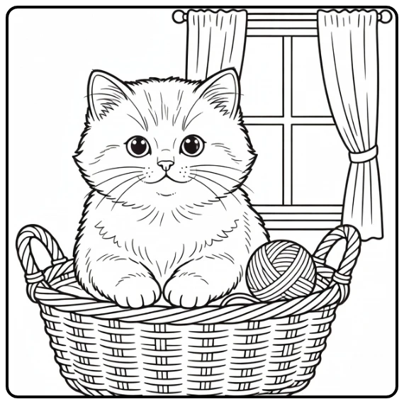 Cute animal coloring page featuring a kitten in a basket
