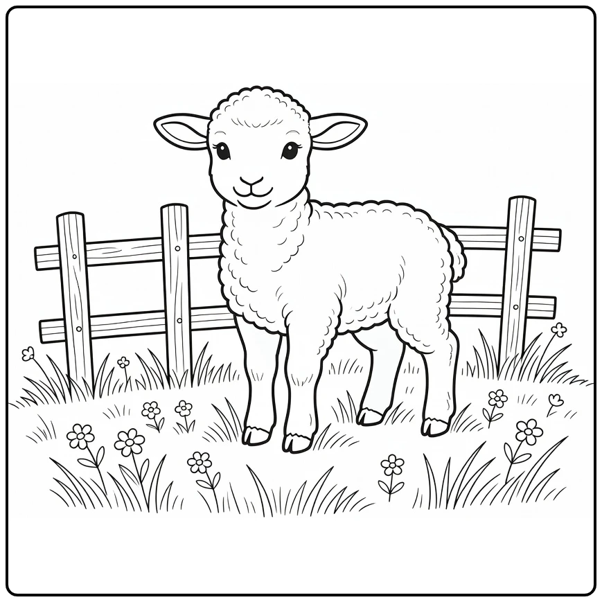 Cute animal coloring page showing a lamb in the meadow