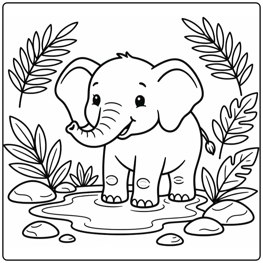 Cute animal coloring page showing a baby elephant by a puddle
