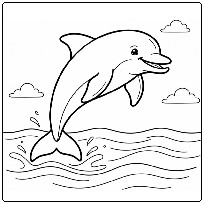 Cute animal coloring page featuring a dolphin jumping over waves