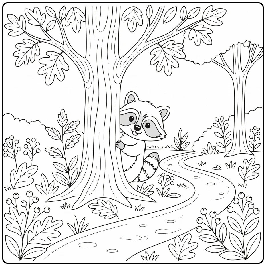 Cute animal coloring page featuring a raccoon behind a tree