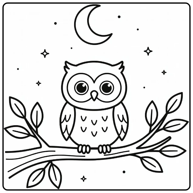 Cute animal coloring page showing a little owl under the moon