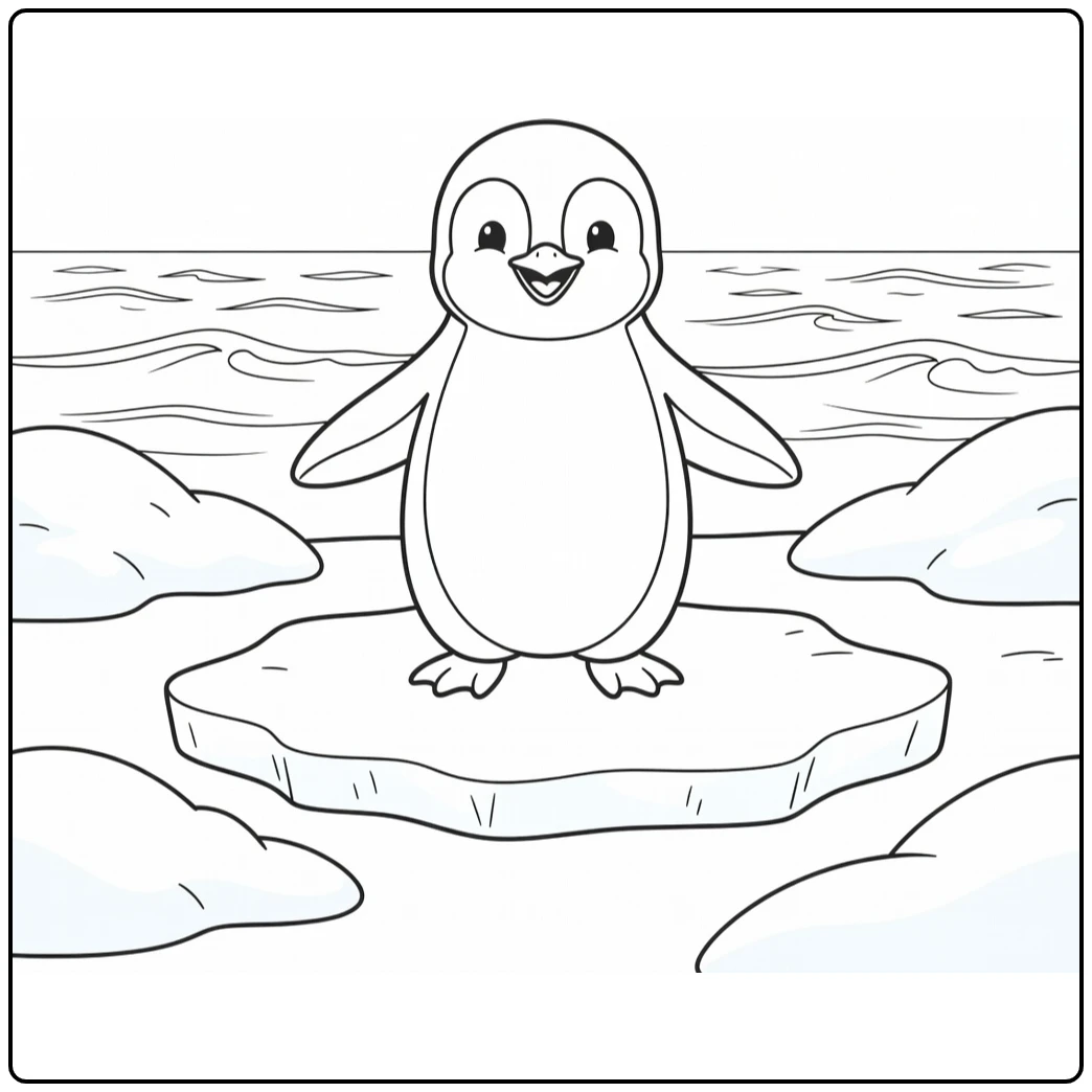 Cute animal coloring page showing a penguin chick on ice