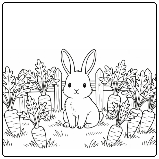 Cute animal coloring page showing a bunny in a carrot garden