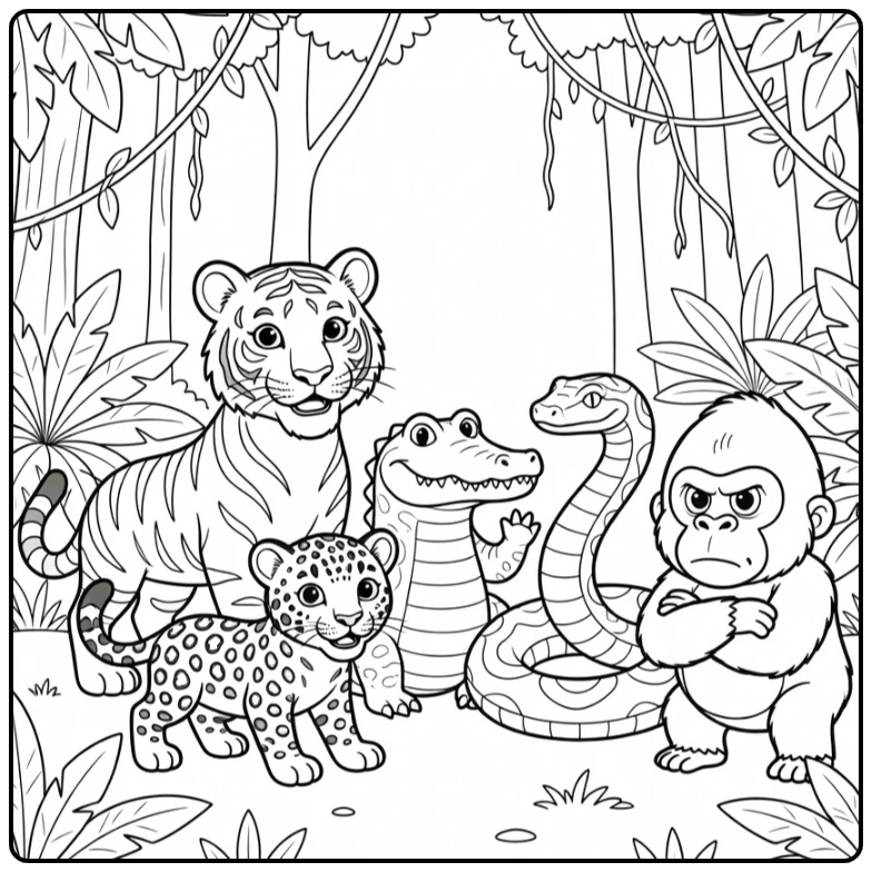 Cute animal coloring page with a tiger, crocodile, python, jaguar, and gorilla