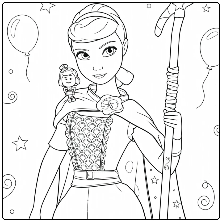 coloring page toy story 4 Bo Peep with staf and figure