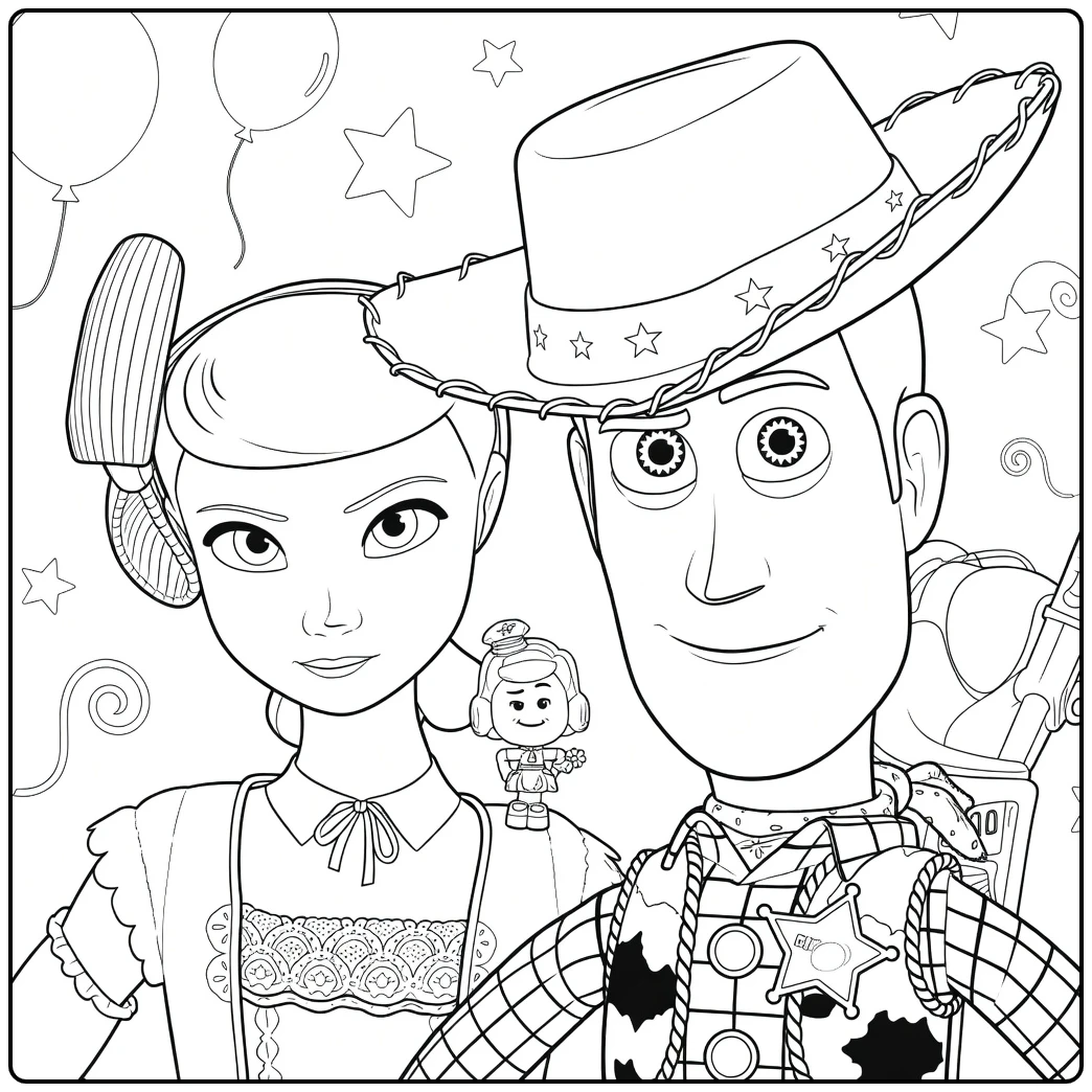 Toy Story 4 coloring page with Woody and Bo Peep for kids