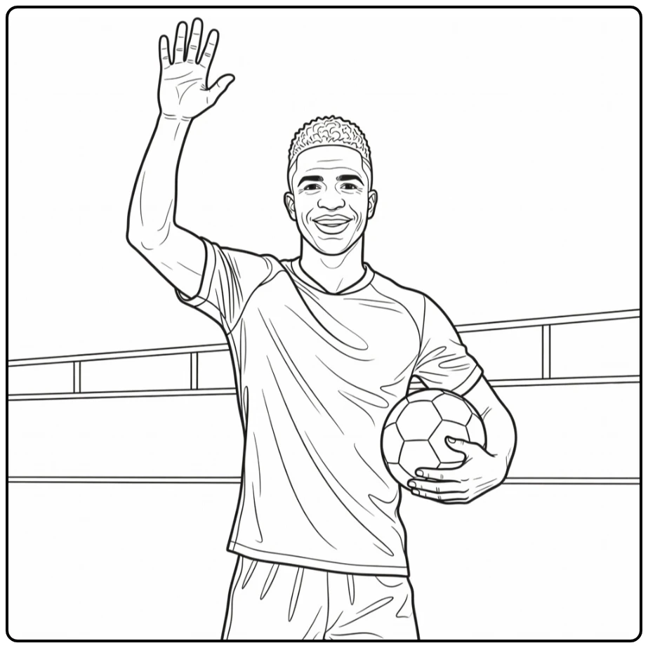 Friendly Vini Jr coloring page with a ball as he waves to the crowd