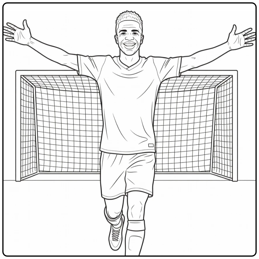 Vini Jr coloring page featuring a happy arms-wide goal celebration