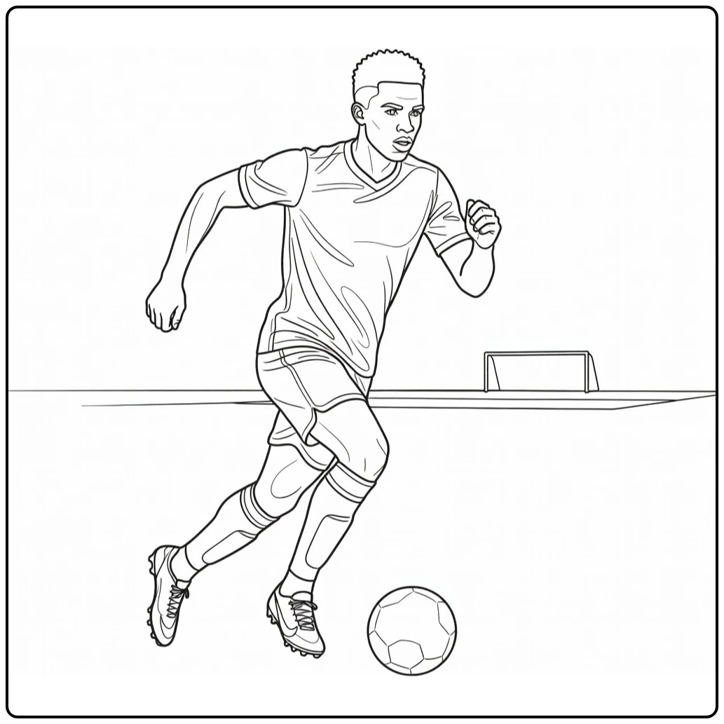 Vini Jr coloring page showing a fast sprint with the ball down the wing
