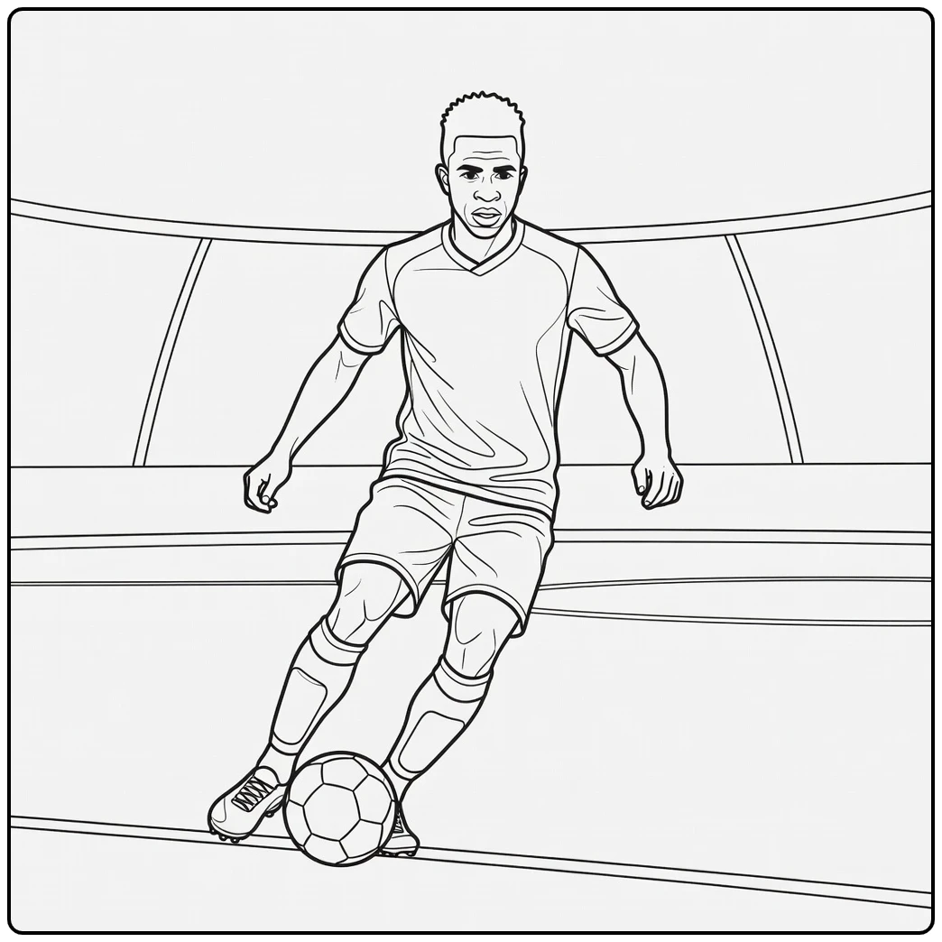 Vini Jr coloring page as he controls the soccer ball along the sideline