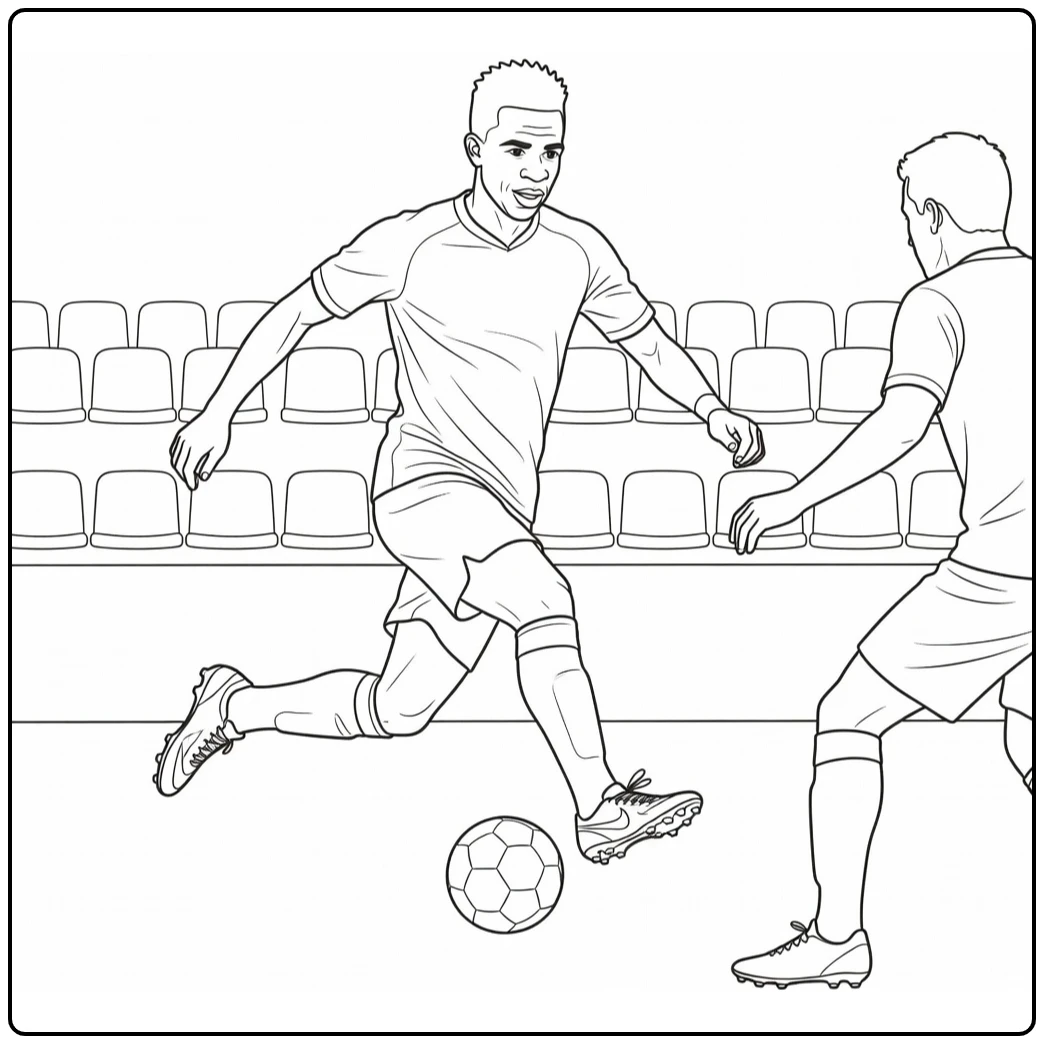 Soccer coloring page of Vini Jr using a step-over against a defender