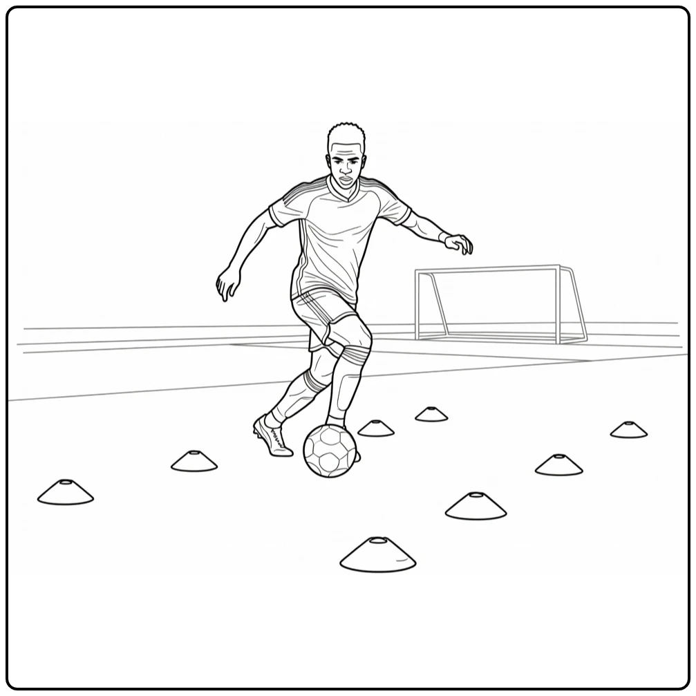 Training coloring page of Vini Jr dribbling a soccer ball between cones