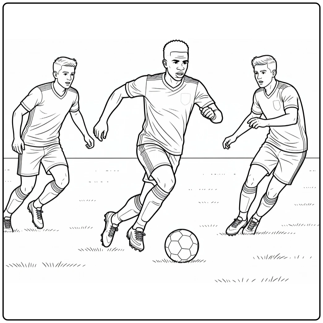 Vini Jr coloring page showing him sprinting between two defenders