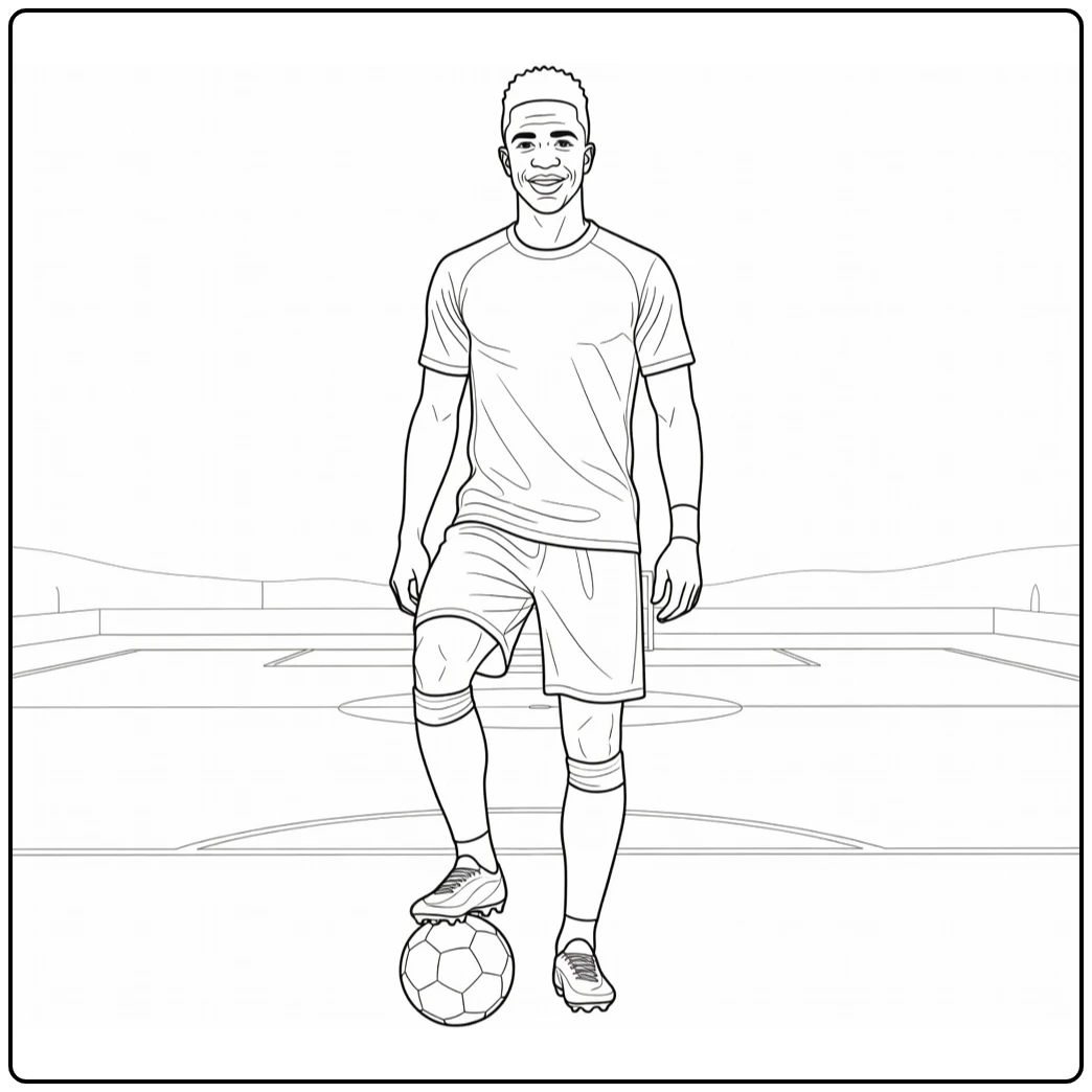 Relaxed coloring page of Vini Jr posing with his foot on a soccer ball