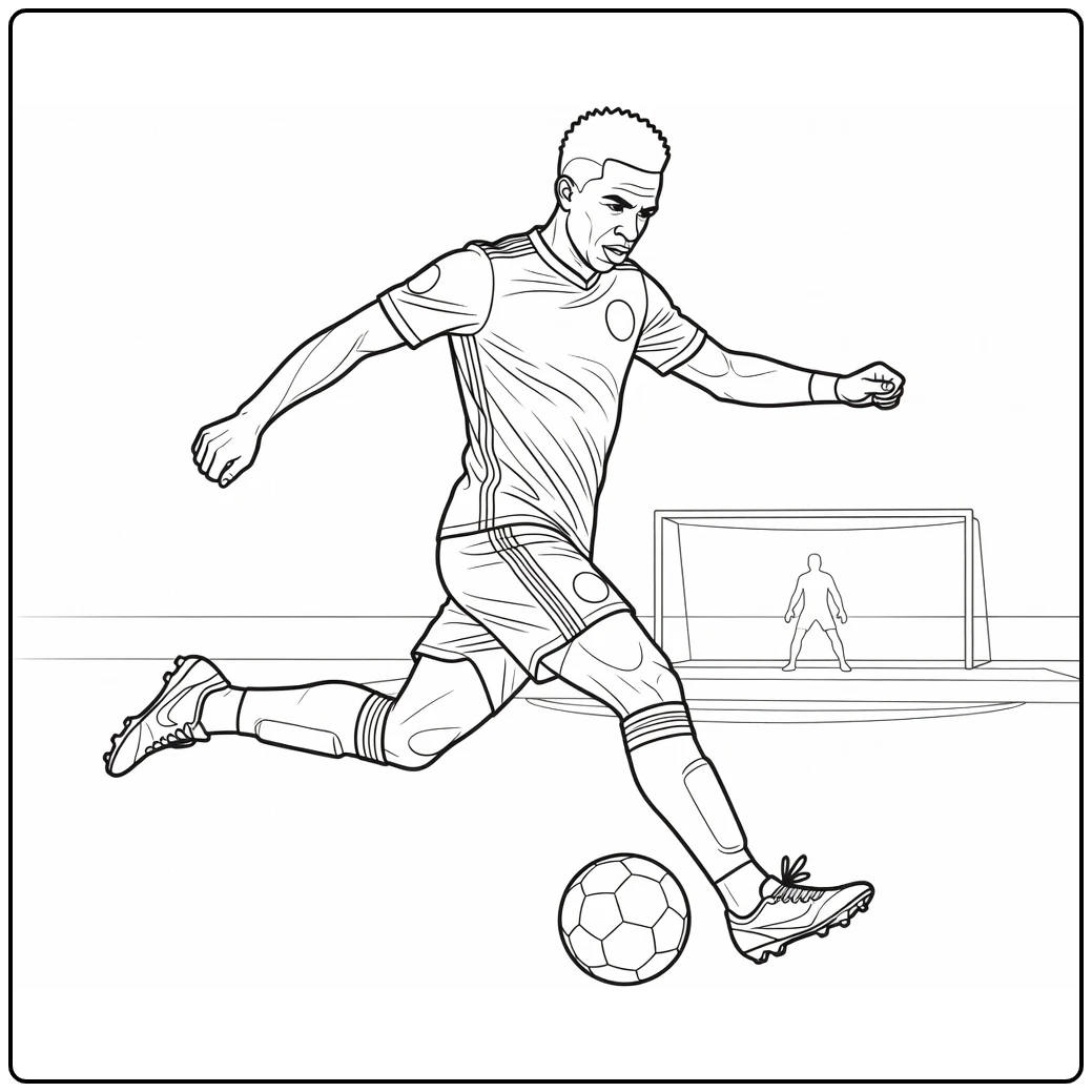 Action coloring page of Vini Jr striking the ball toward goal