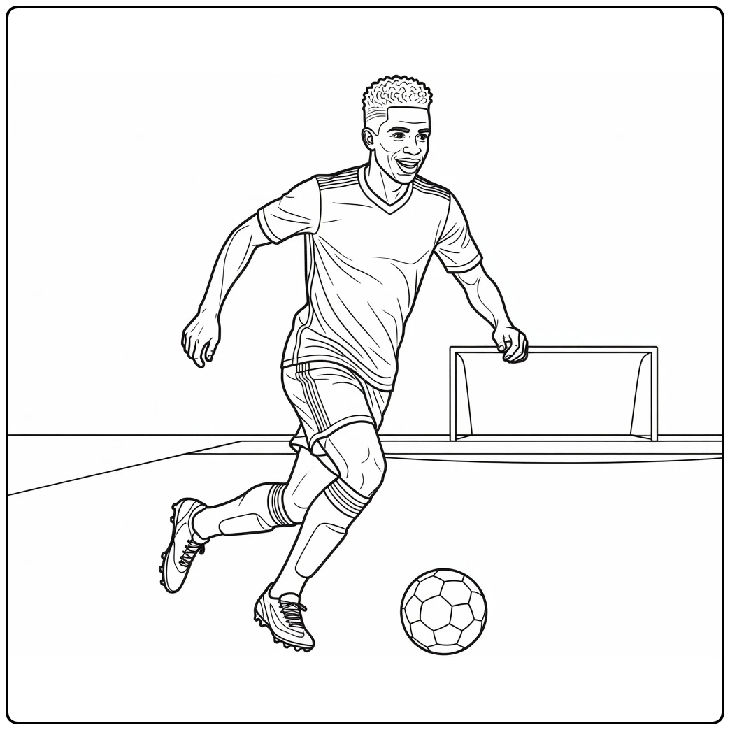 Vini Jr coloring page showing Vinicius Junior dribbling down the wing