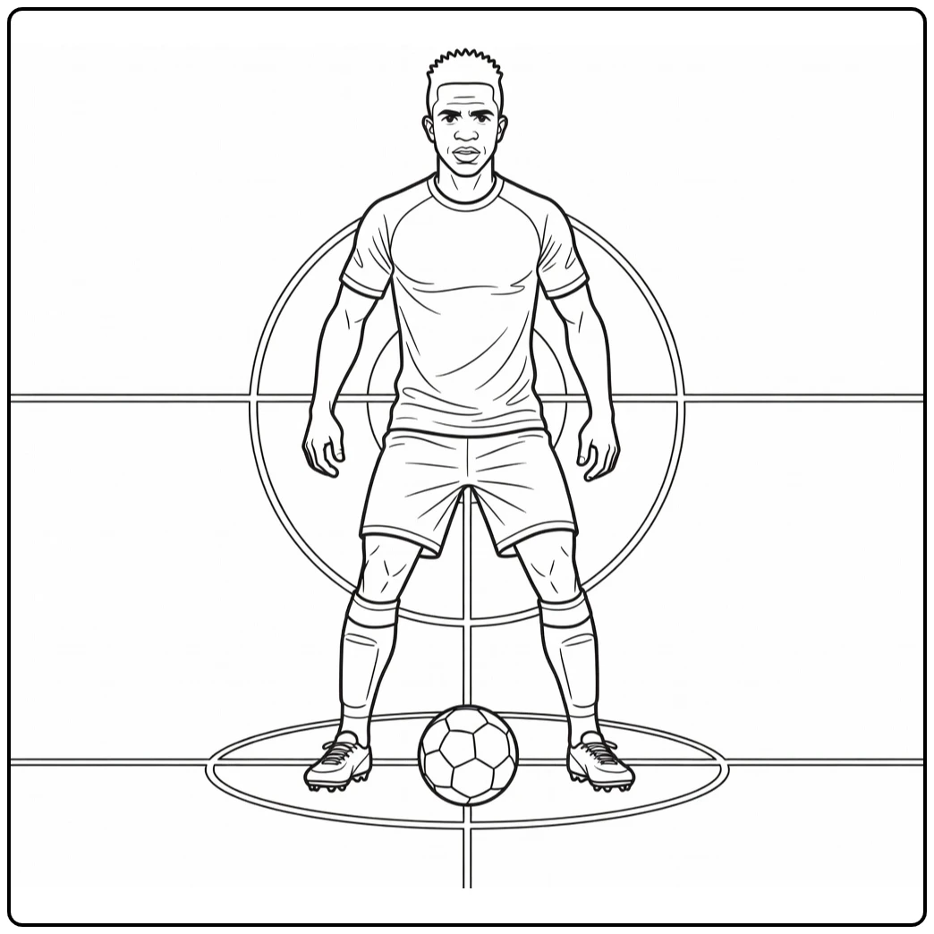 Kickoff coloring page of Vini Jr waiting with the ball at the center circle