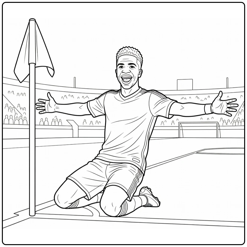 Vini Jr coloring page capturing an excited knee-slide goal celebration
