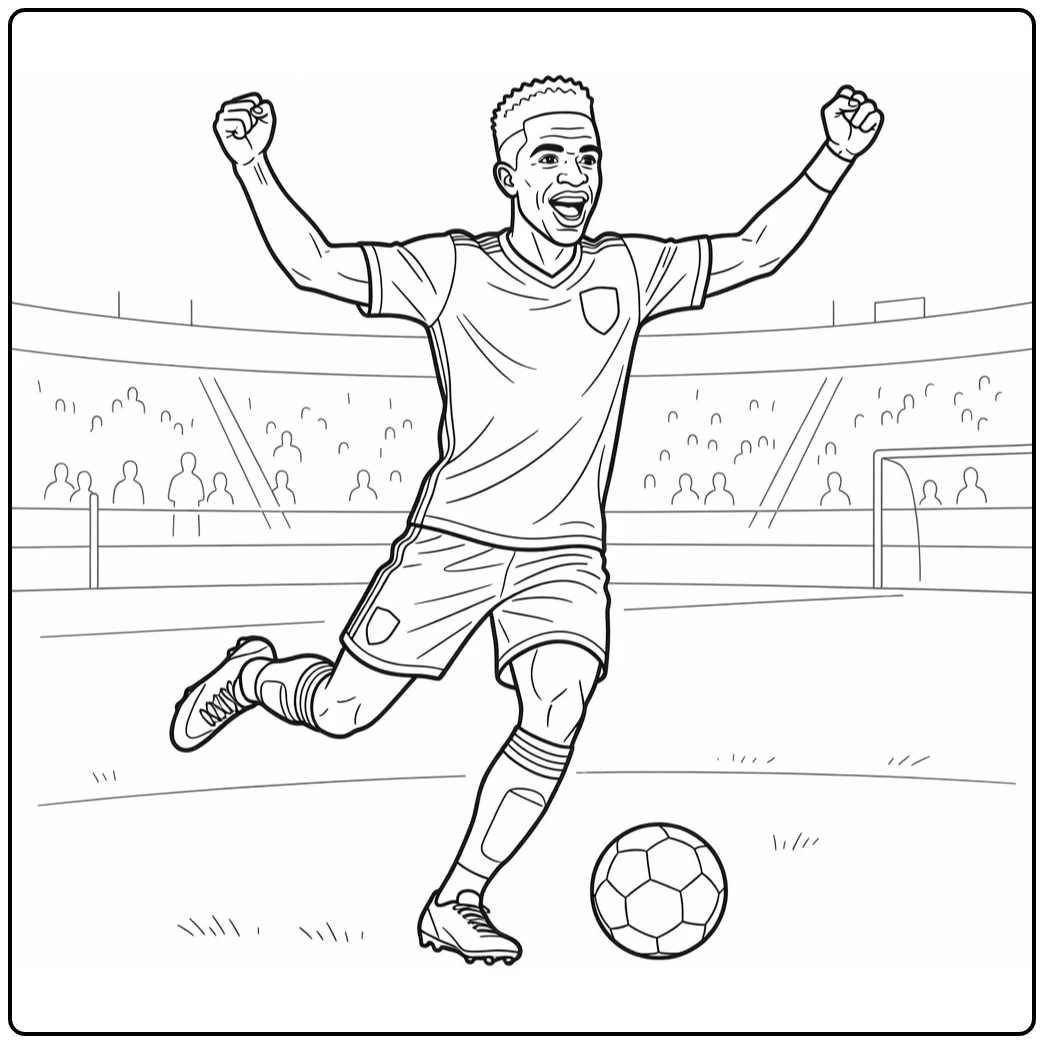 Vini Jr coloring page featuring a joyful dancing celebration