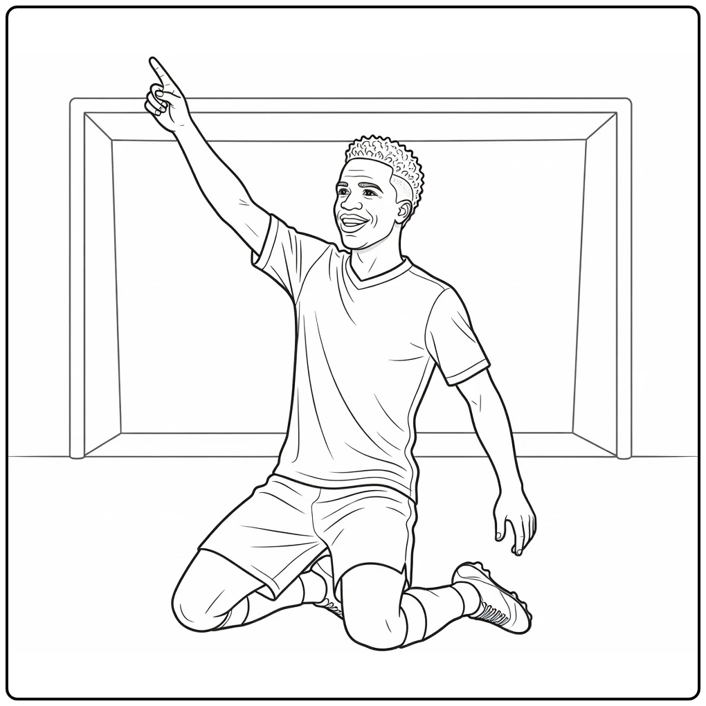 Goal celebration coloring page with Vini Jr kneeling and pointing upward