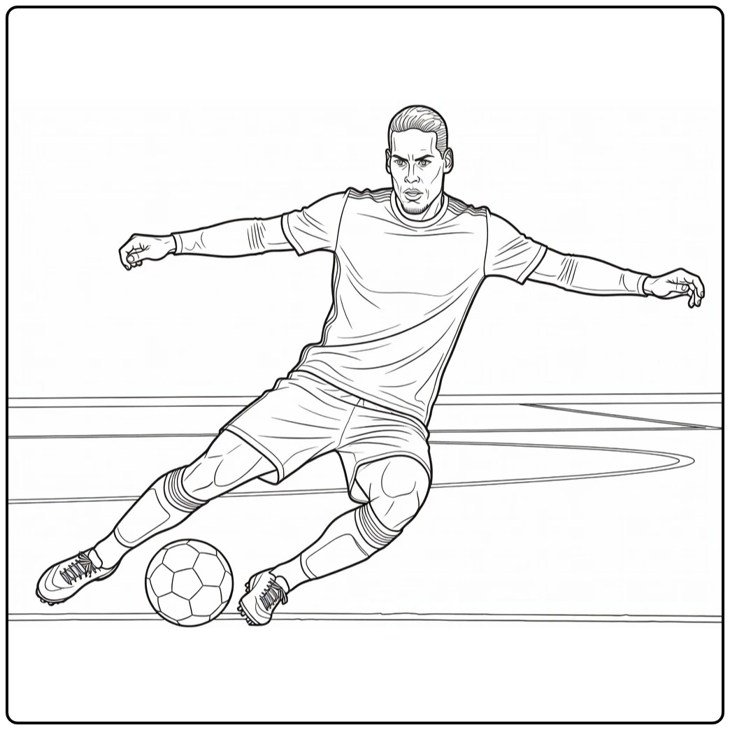 Virgil van Dijk coloring page featuring a strong sliding tackle