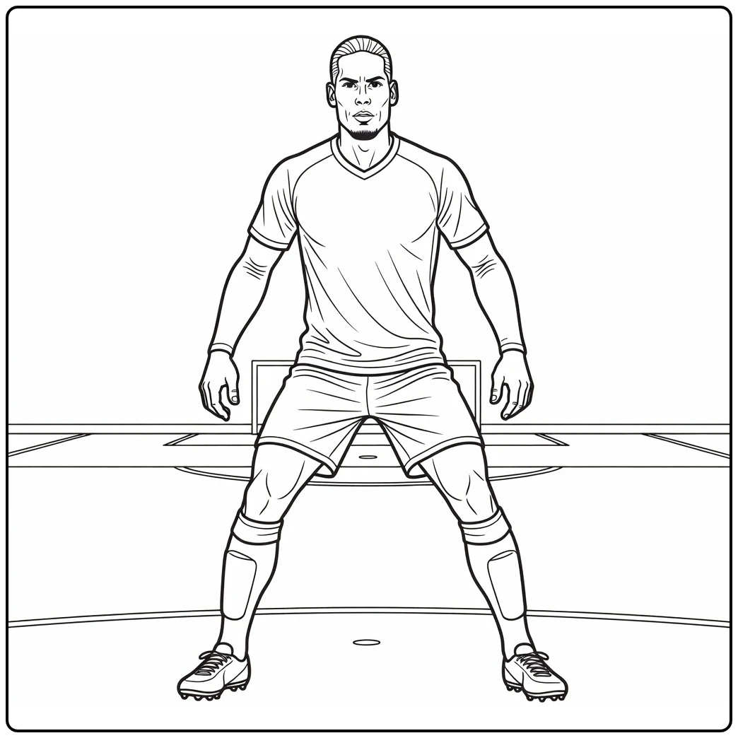 Virgil van Dijk coloring page showing a powerful defensive stance