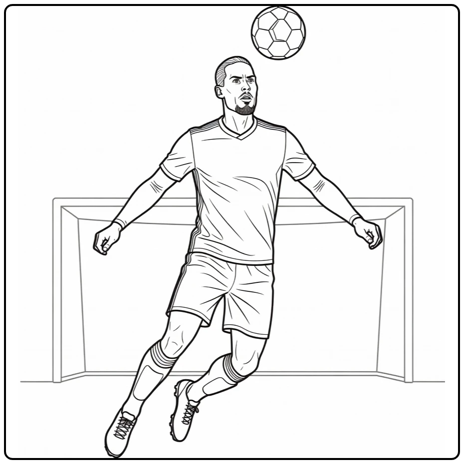 Aerial coloring page of Virgil van Dijk heading the soccer ball