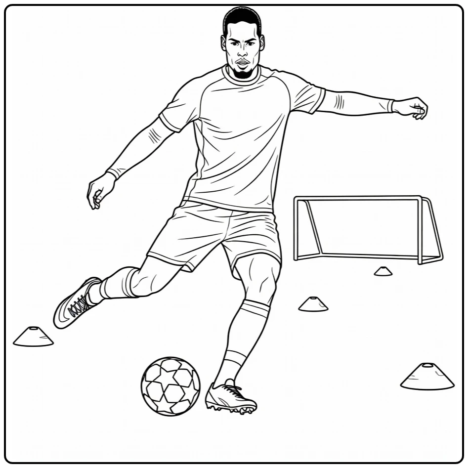 Training coloring page with Virgil van Dijk playing a strong pass