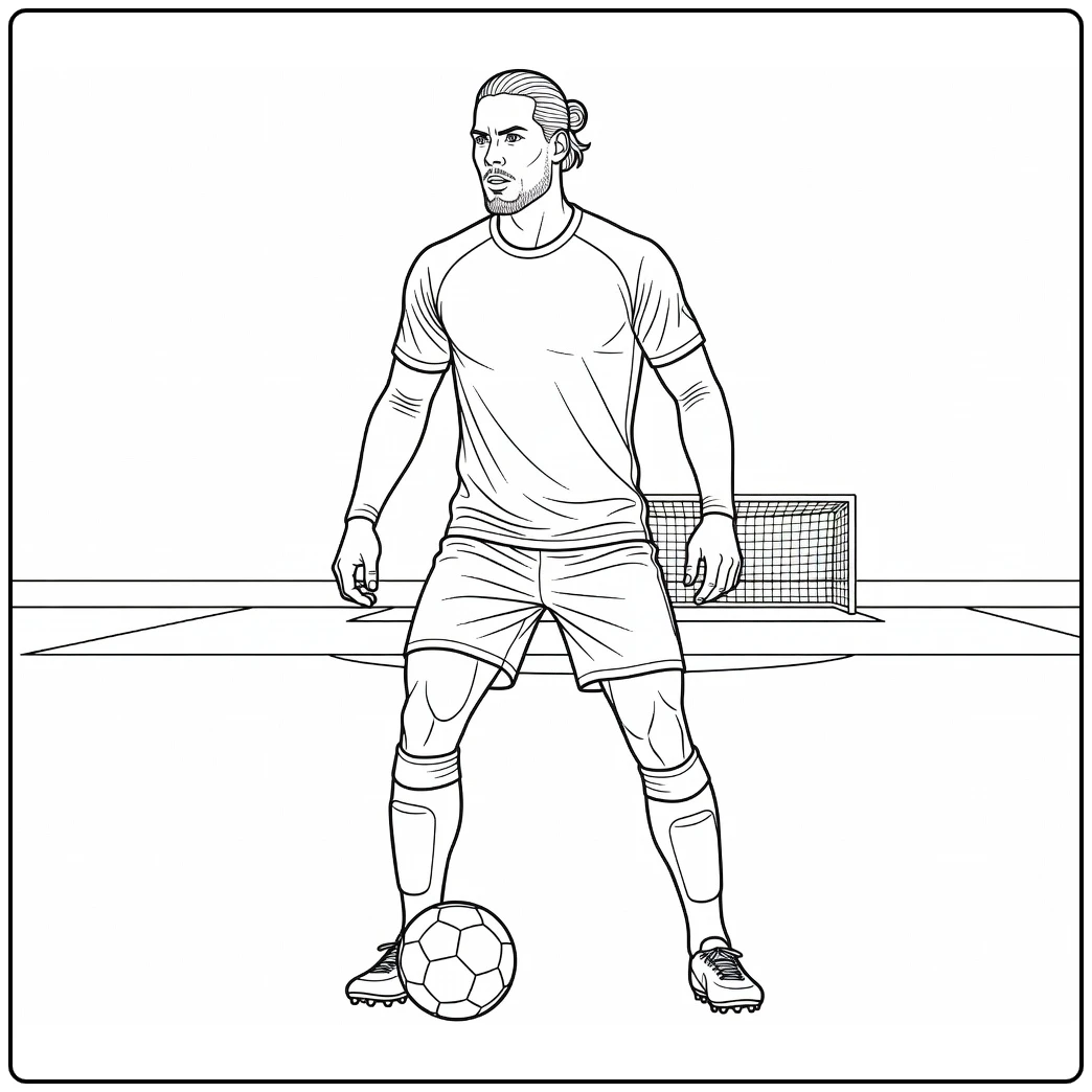 Virgil van Dijk coloring page showing the defender in possession