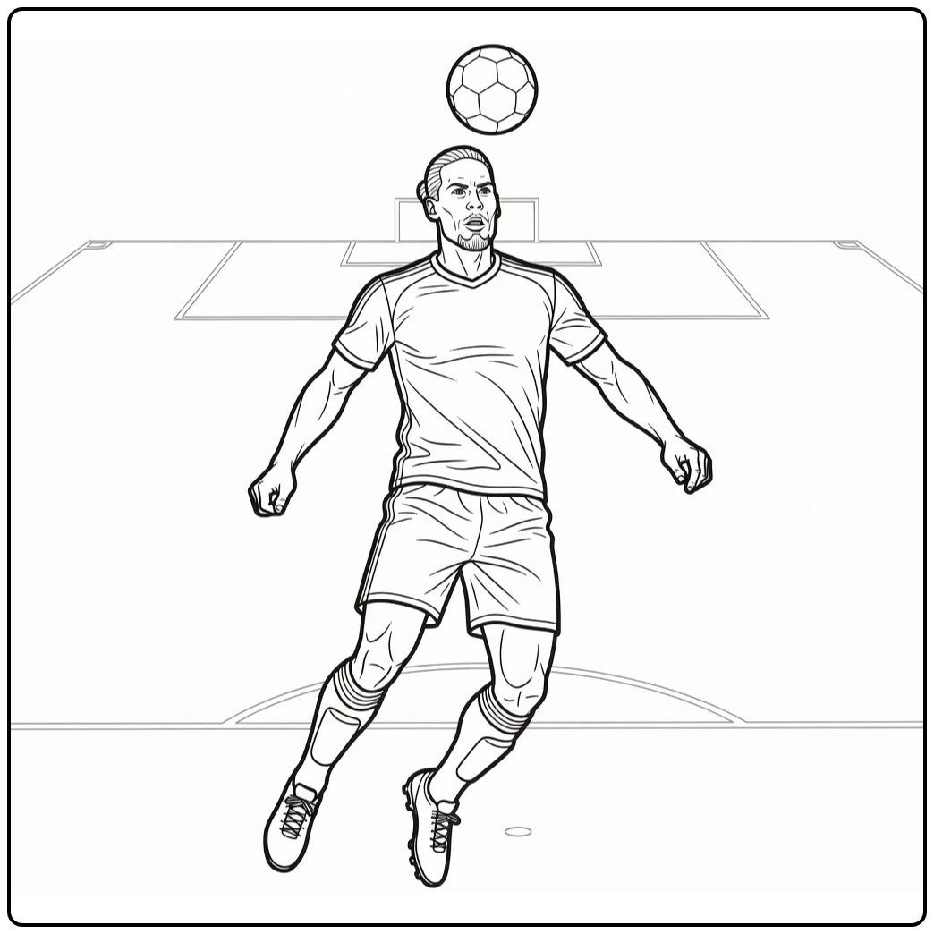 Virgil van Dijk coloring page featuring a powerful leap for a header