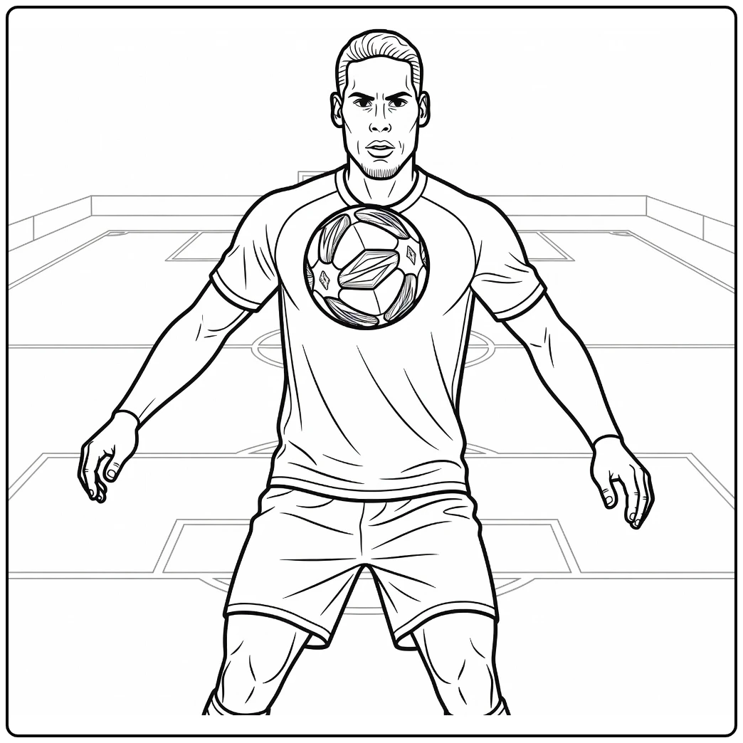 Ball-control coloring page of Virgil van Dijk receiving a pass with his chest