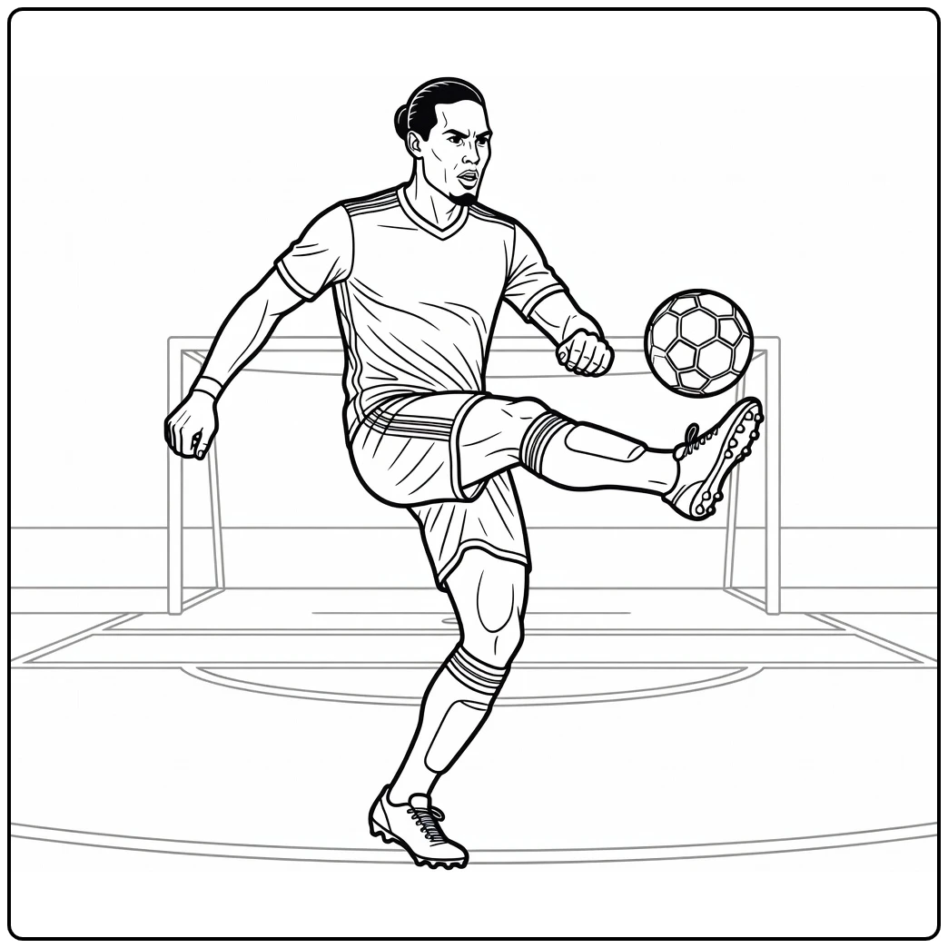 Defensive coloring page of Virgil van Dijk blocking a soccer shot