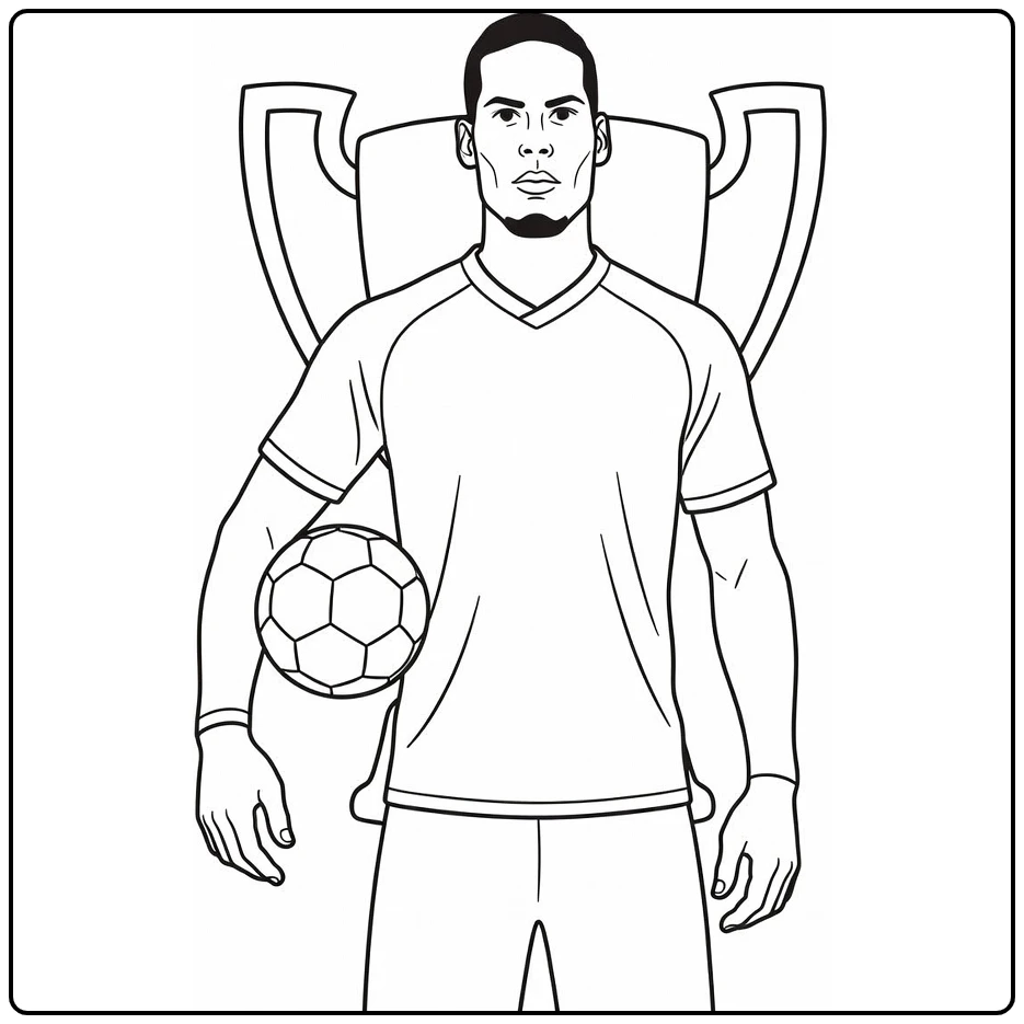 Virgil van Dijk coloring page posing with a ball before a trophy