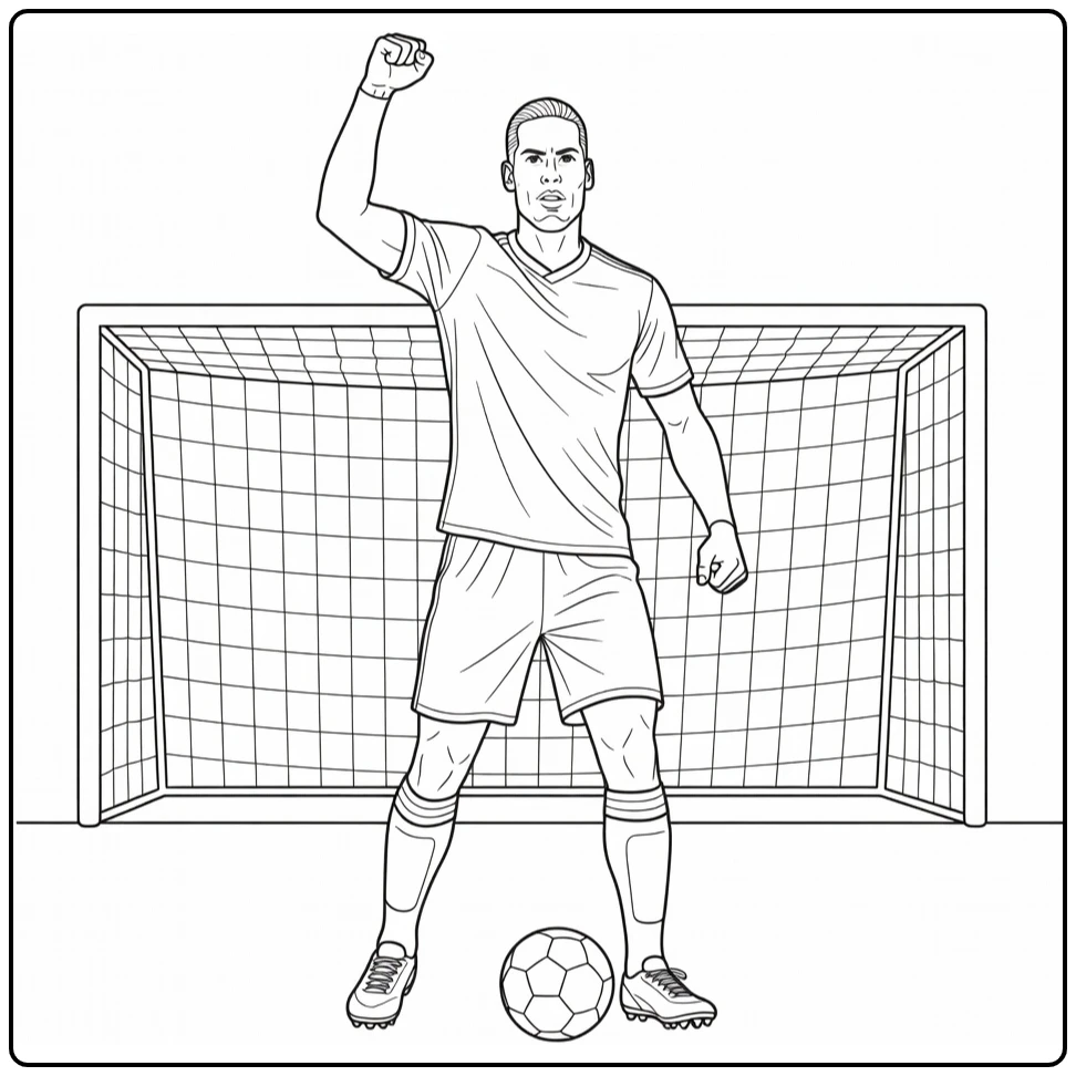 Victory coloring page of Virgil van Dijk celebrating with a raised fist