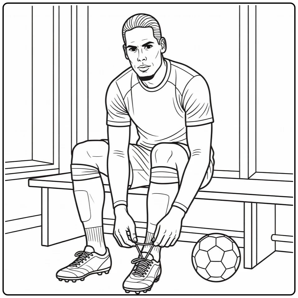 Locker room coloring page with Virgil van Dijk tying his cleats