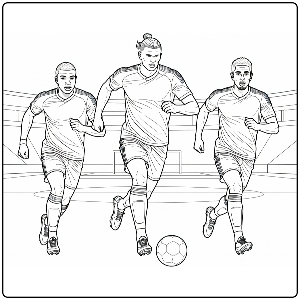 Soccer coloring page showing Mbappe, Haaland, and Bellingham in attack