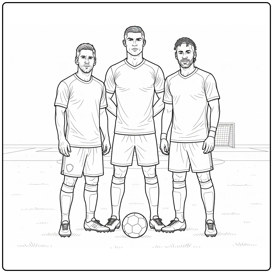 Soccer coloring page featuring Messi, Ronaldo, and Neymar on the field