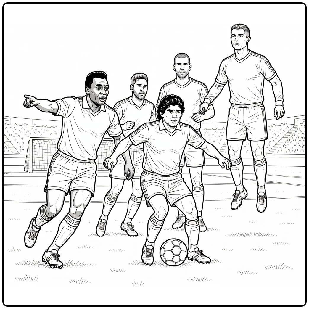 Soccer player coloring page showing Pele, Maradona, Messi, Ronaldo, and Zidane