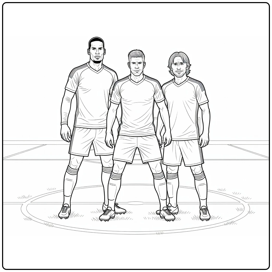 Soccer coloring page featuring Van Dijk, De Bruyne, and Modric