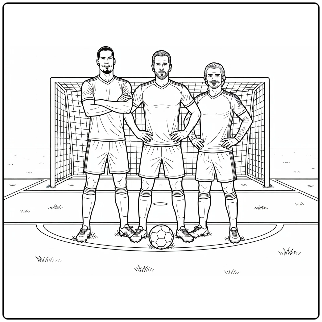 Soccer coloring page showing Van Dijk, Kane, and Griezmann by the goal